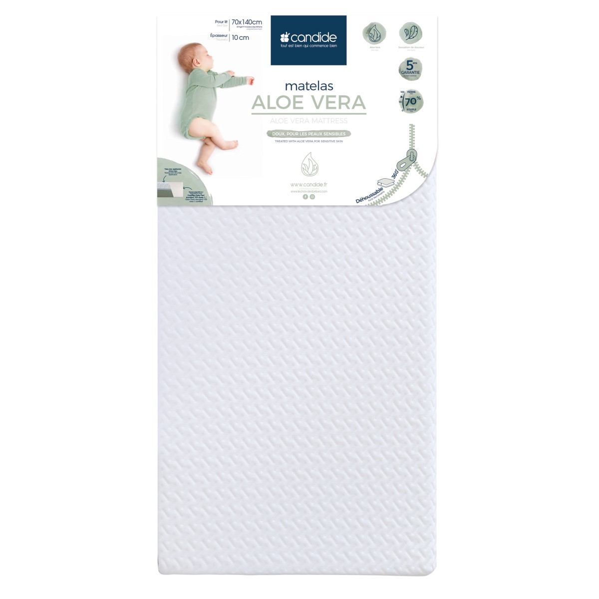 Matelas bébé 70x140cm Aloé Vera déhoussable 360°