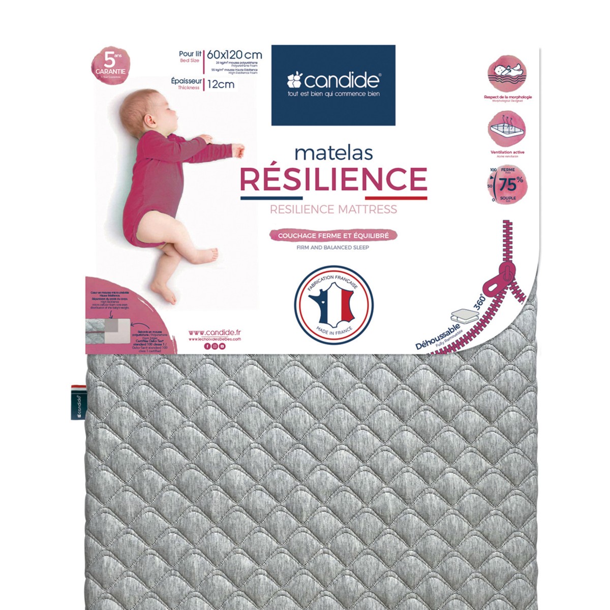 Matelas bébé Candide 60x120cm Résilience déhoussable 360°