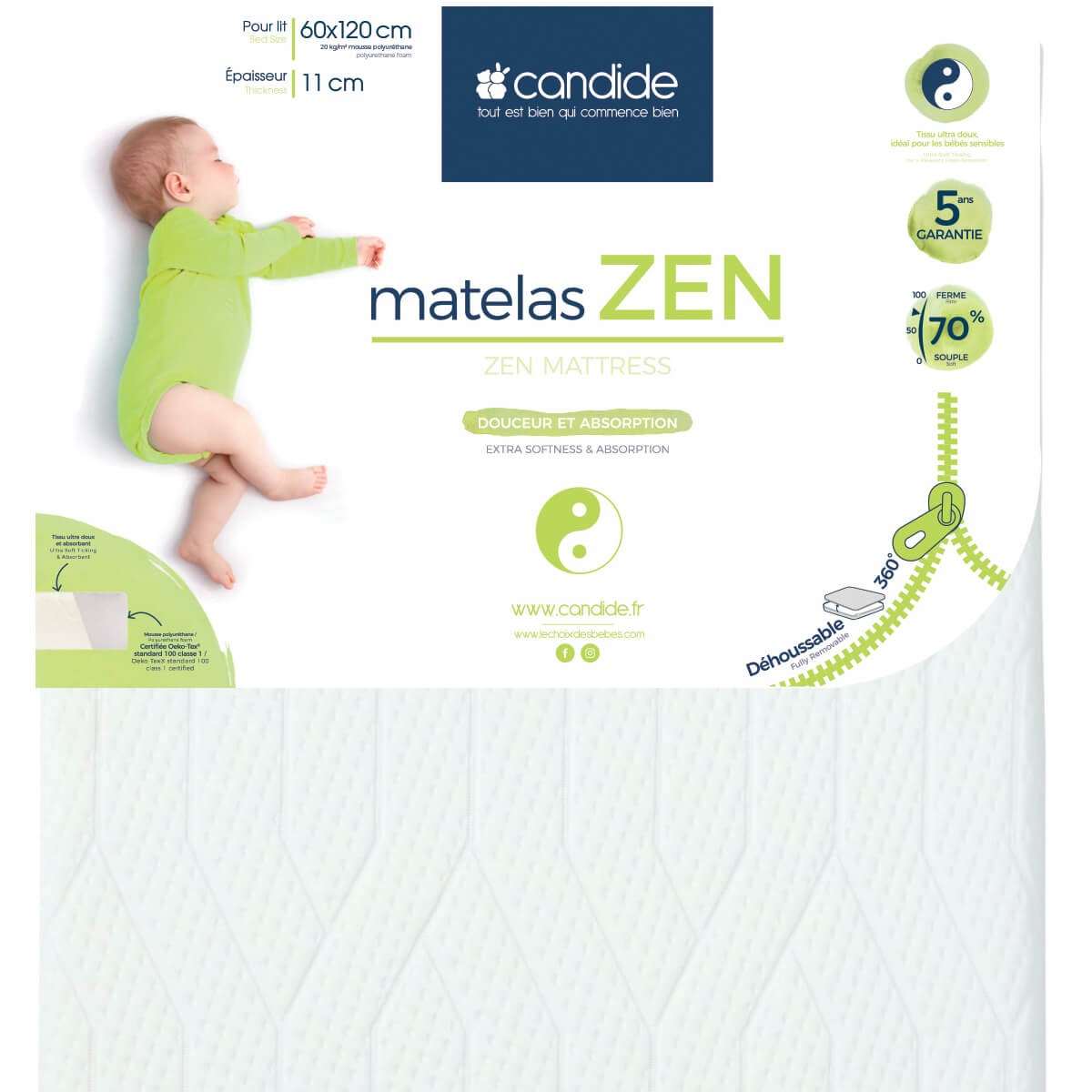 Matelas bébé Candide 60x120cm Zen déhoussable 360°