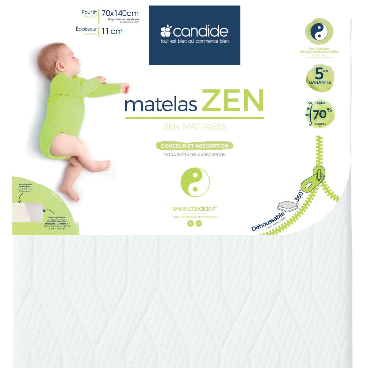 Matelas Candide 70x140 cm pour lit bébé Zen - Viscose de Bambou - Déhoussable 360°