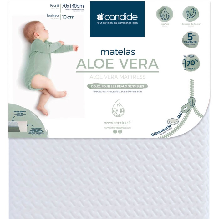 Candide Matelas 70x140 cm pour lit bébé Aloé Vera - Peaux fragiles - Déhoussable à 360°