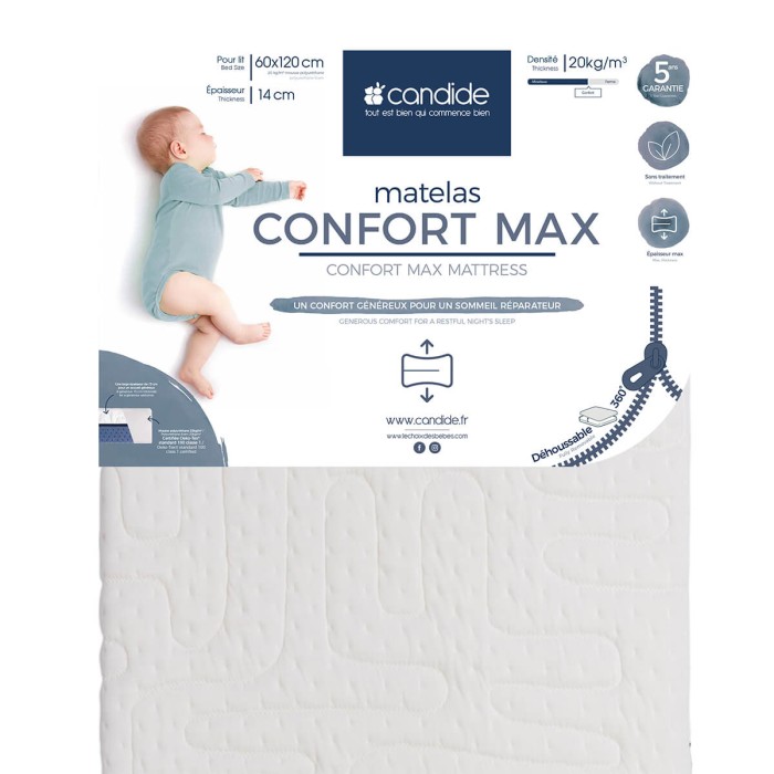 Matelas bébé Candide 60x120 cm Confort Max - Confort généreux - Déhoussable à 360°