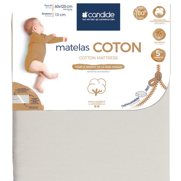 Matelas bébé Candide 60x120 cm bio Coton - Déhoussable 360°