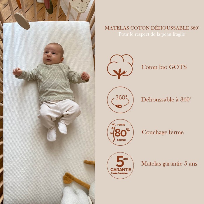 Baby mattress 60x120 cm organic cotton - 360° removable cover