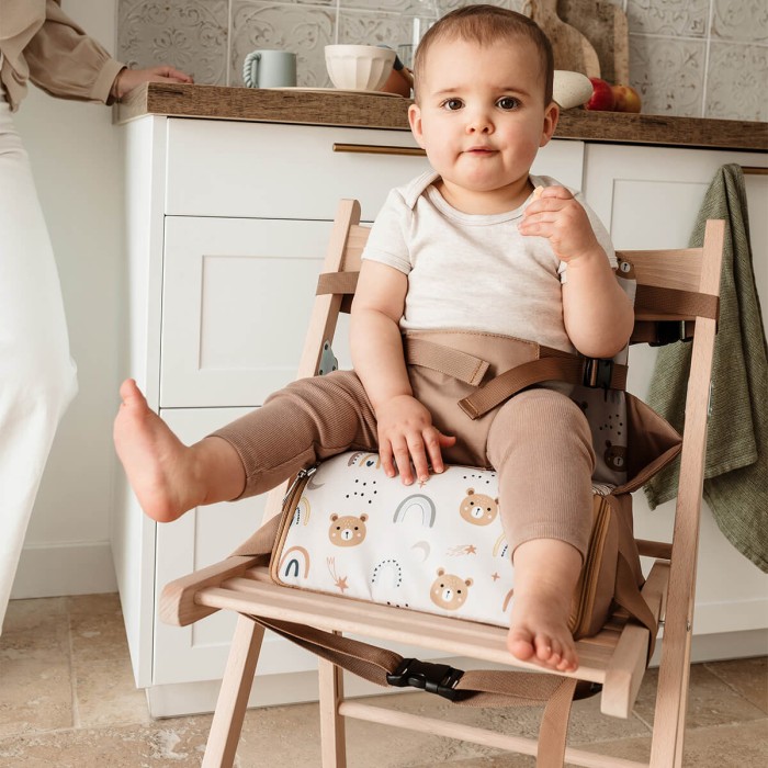 Rehausseur de chaise bébé Tinéo nomade - Rehausseur nomade en tissu Oursons Camel