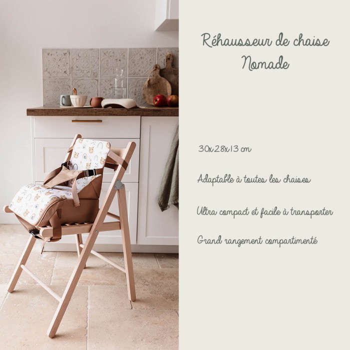 Rehausseur de chaise bébé Tinéo nomade - Rehausseur nomade en tissu Oursons Camel